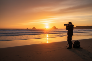 Create an image of a photographer in action of taking a photo of a nice beach at sunrise. The point of view of the image is from behind the photographer.